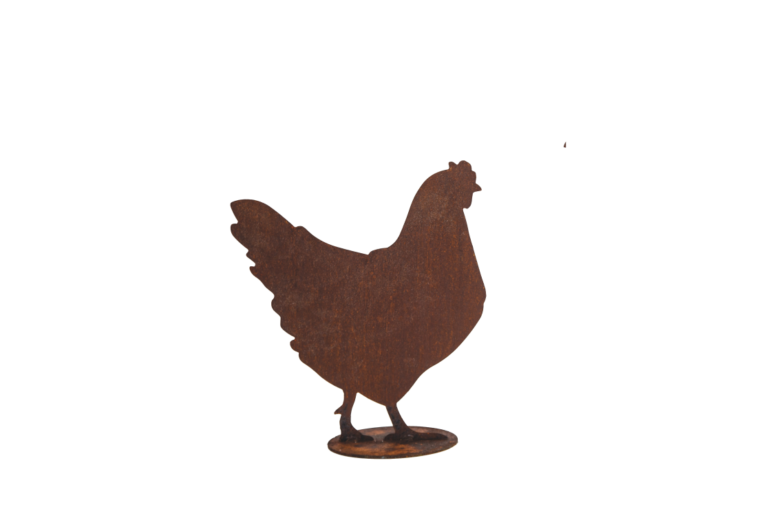 Poule en métal rouillé à poser au jardin
